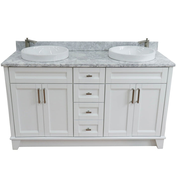 Bellaterra Home Terni 61" 4-Door 3-Drawer White Freestanding Vanity Set With Ceramic Double Vessel Sink And White Carrara Marble Top - Luxe Vanity & Tub