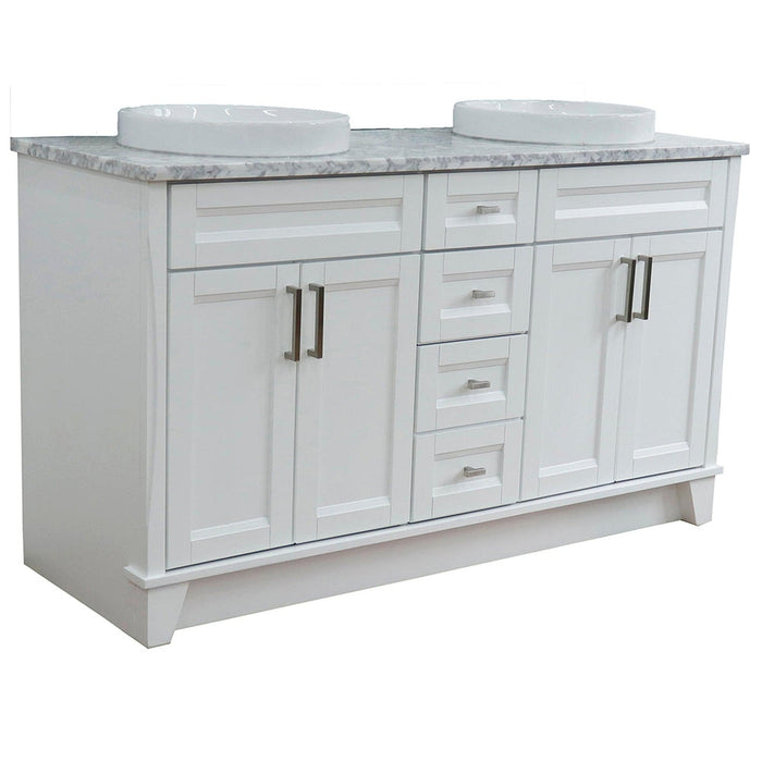 Bellaterra Home Terni 61" 4-Door 3-Drawer White Freestanding Vanity Set With Ceramic Double Vessel Sink And White Carrara Marble Top - Luxe Vanity & Tub