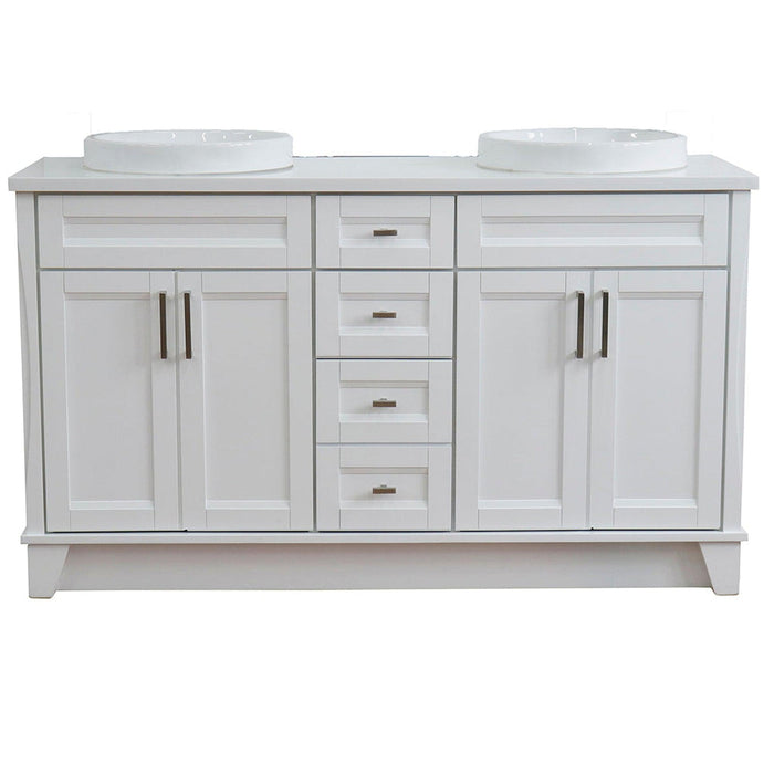 Bellaterra Home Terni 61" 4-Door 3-Drawer White Freestanding Vanity Set With Ceramic Double Vessel Sink And White Quartz Top - Luxe Vanity & Tub