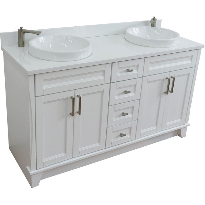 Bellaterra Home Terni 61" 4-Door 3-Drawer White Freestanding Vanity Set With Ceramic Double Vessel Sink And White Quartz Top - Luxe Vanity & Tub