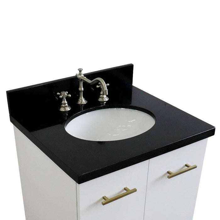 Bellaterra Home Tivoli 25" 2-Door 1-Drawer White Freestanding Vanity Set With Ceramic Undermount Oval Sink and Black Galaxy Granite Top - Luxe Vanity & Tub