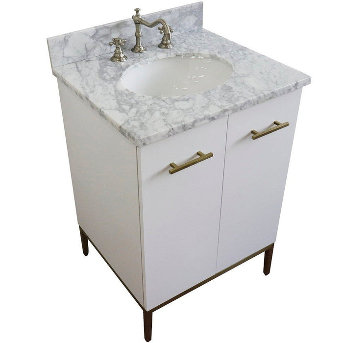 Bellaterra Home Tivoli 25" 2-Door 1-Drawer White Freestanding Vanity Set With Ceramic Undermount Oval Sink and White Carrara Marble Top - Luxe Vanity & Tub