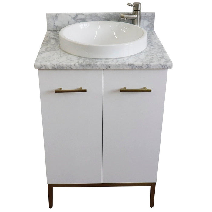 Bellaterra Home Tivoli 25" 2-Door 1-Drawer White Freestanding Vanity Set With Ceramic Vessel Sink and White Carrara Marble Top - Luxe Vanity & Tub