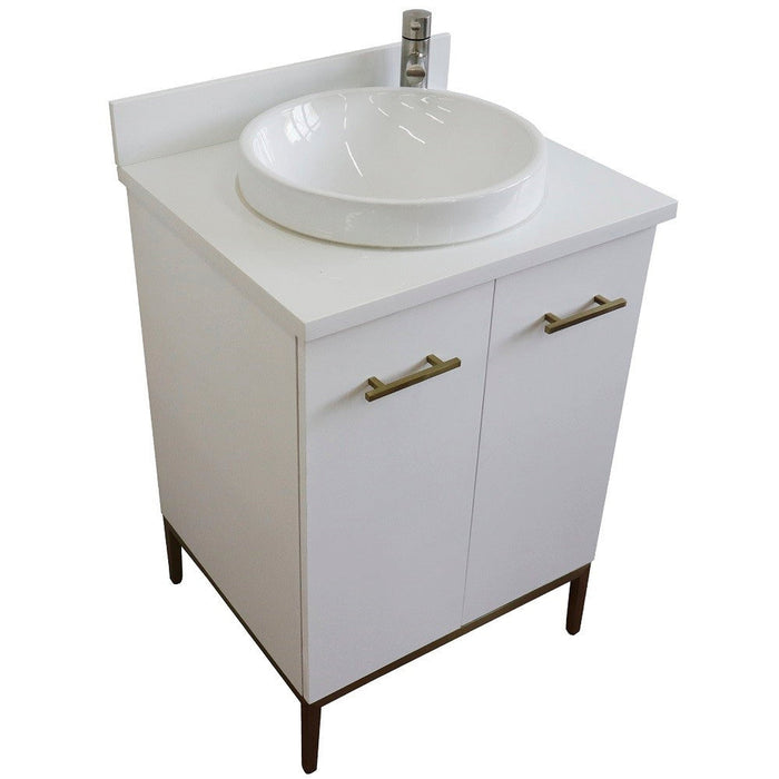 Bellaterra Home Tivoli 25" 2-Door 1-Drawer White Freestanding Vanity Set With Ceramic Vessel Sink and White Quartz Top - Luxe Vanity & Tub