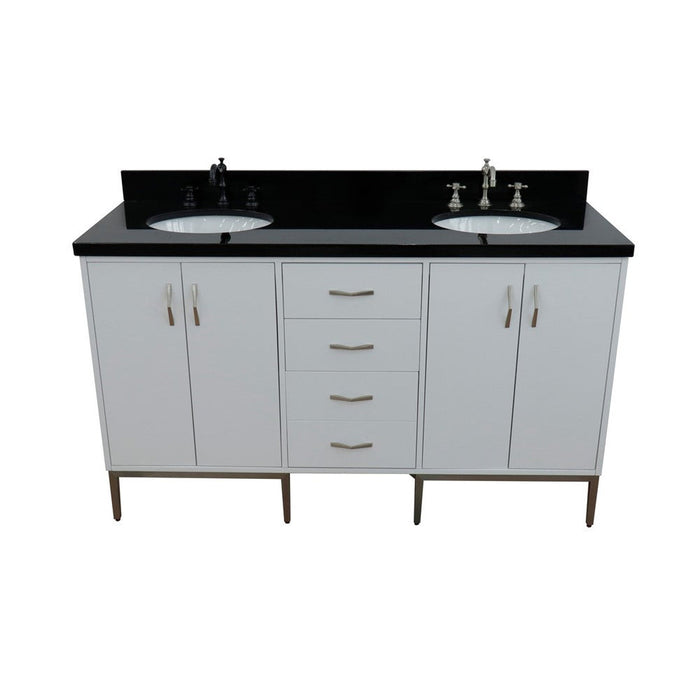 Bellaterra Home Tivoli 61" 4-Door 3-Drawer White Freestanding Double Vanity Set With Ceramic Double Undermount Oval Sink and Black Galaxy Granite Top - Luxe Vanity & Tub