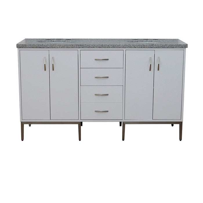 Bellaterra Home Tivoli 61" 4-Door 3-Drawer White Freestanding Double Vanity Set With Ceramic Double Undermount Oval Sink and Gray Granite Top - Luxe Vanity & Tub