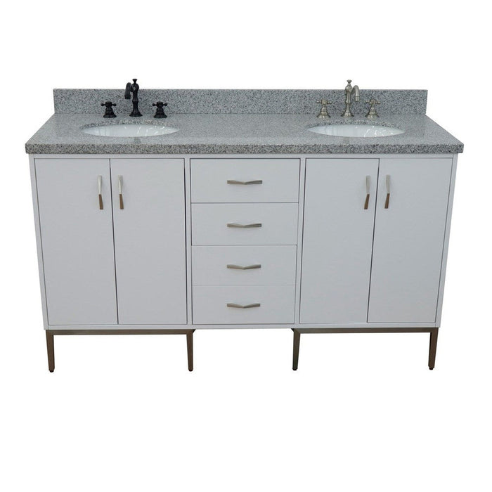 Bellaterra Home Tivoli 61" 4-Door 3-Drawer White Freestanding Double Vanity Set With Ceramic Double Undermount Oval Sink and Gray Granite Top - Luxe Vanity & Tub