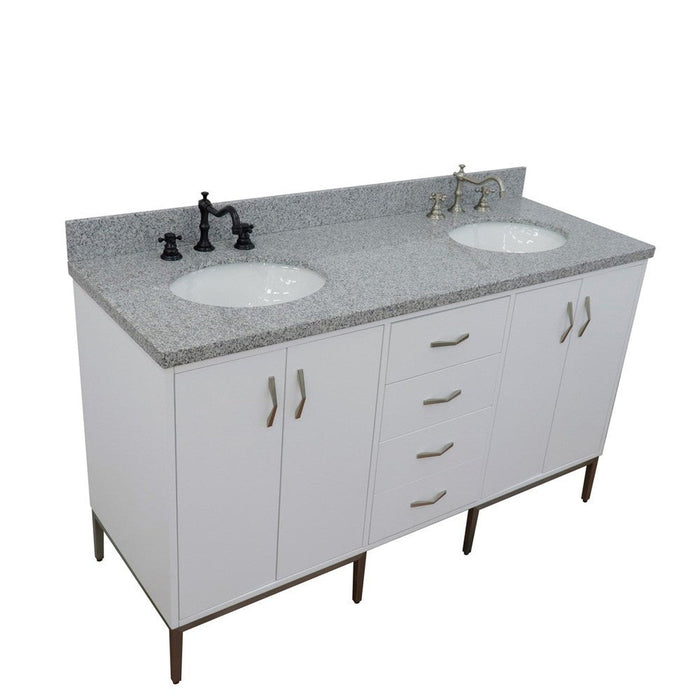 Bellaterra Home Tivoli 61" 4-Door 3-Drawer White Freestanding Double Vanity Set With Ceramic Double Undermount Oval Sink and Gray Granite Top - Luxe Vanity & Tub