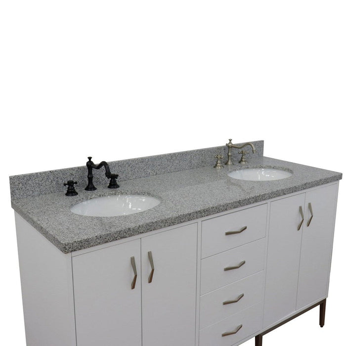 Bellaterra Home Tivoli 61" 4-Door 3-Drawer White Freestanding Double Vanity Set With Ceramic Double Undermount Oval Sink and Gray Granite Top - Luxe Vanity & Tub