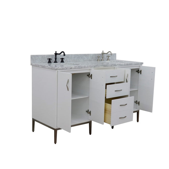 Bellaterra Home Tivoli 61" 4-Door 3-Drawer White Freestanding Double Vanity Set With Ceramic Double Undermount Oval Sink and White Carrara Marble Top - Luxe Vanity & Tub