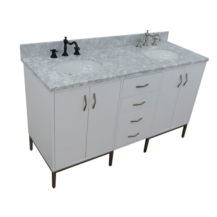 Bellaterra Home Tivoli 61" 4-Door 3-Drawer White Freestanding Double Vanity Set With Ceramic Double Undermount Oval Sink and White Carrara Marble Top - Luxe Vanity & Tub