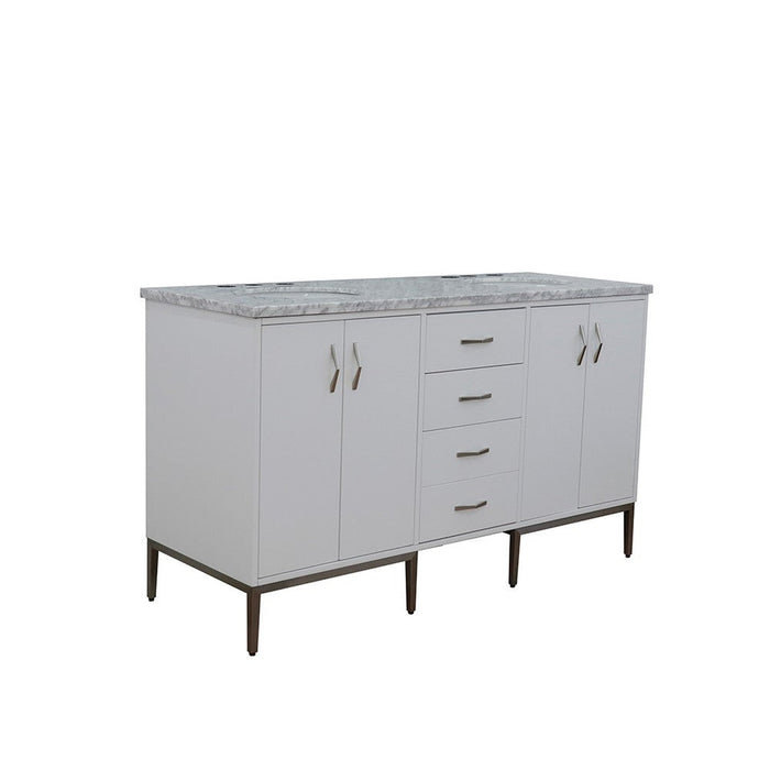 Bellaterra Home Tivoli 61" 4-Door 3-Drawer White Freestanding Double Vanity Set With Ceramic Double Undermount Oval Sink and White Carrara Marble Top - Luxe Vanity & Tub