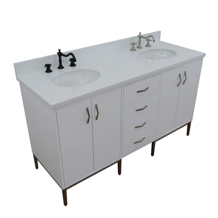 Bellaterra Home Tivoli 61" 4-Door 3-Drawer White Freestanding Double Vanity Set With Ceramic Double Undermount Oval Sink and White Quartz Top - Luxe Vanity & Tub