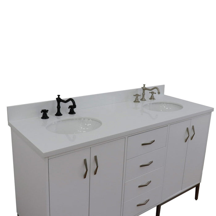 Bellaterra Home Tivoli 61" 4-Door 3-Drawer White Freestanding Double Vanity Set With Ceramic Double Undermount Oval Sink and White Quartz Top - Luxe Vanity & Tub