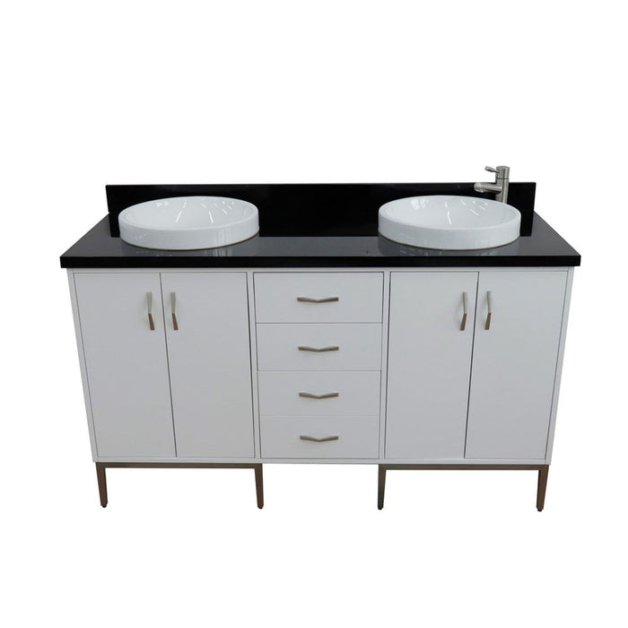 Bellaterra Home Tivoli 61" 4-Door 3-Drawer White Freestanding Double Vanity Set With Ceramic Double Vessel Sink and Black Galaxy Granite Top - Luxe Vanity & Tub