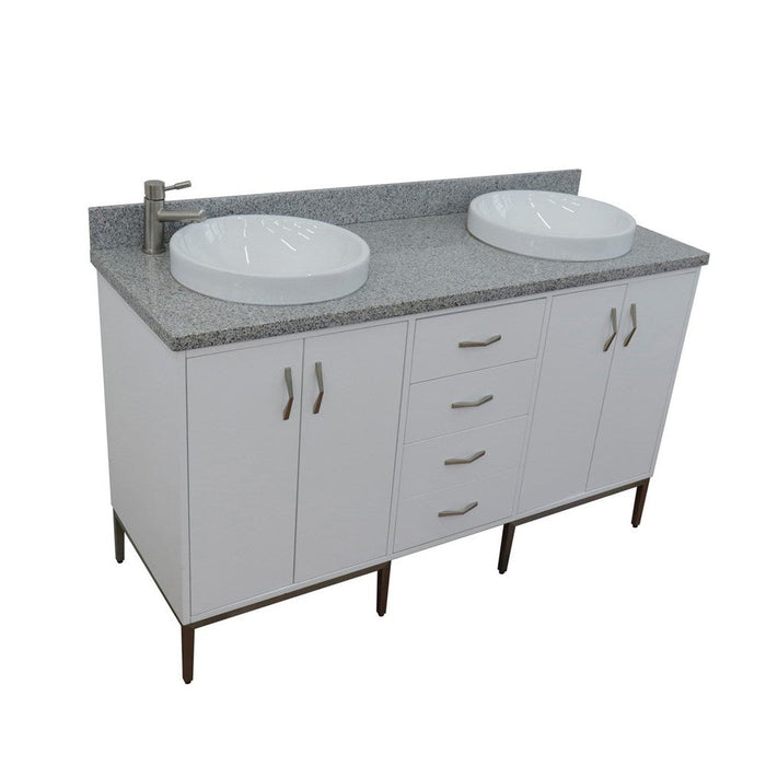 Bellaterra Home Tivoli 61" 4-Door 3-Drawer White Freestanding Double Vanity Set With Ceramic Double Vessel Sink and Gray Granite Top - Luxe Vanity & Tub