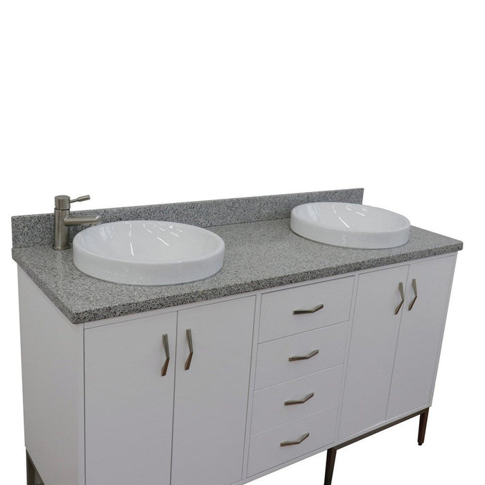 Bellaterra Home Tivoli 61" 4-Door 3-Drawer White Freestanding Double Vanity Set With Ceramic Double Vessel Sink and Gray Granite Top - Luxe Vanity & Tub