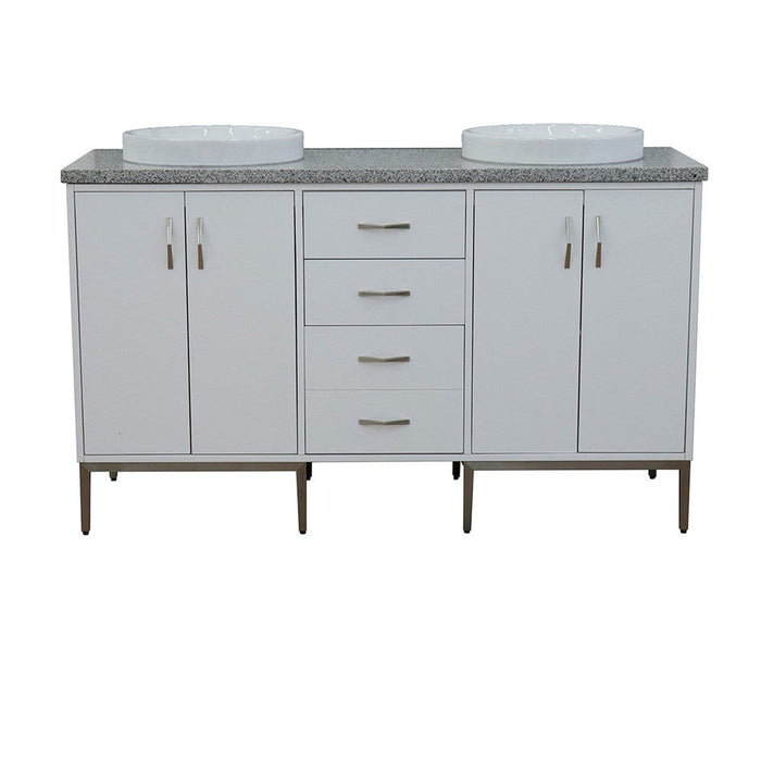 Bellaterra Home Tivoli 61" 4-Door 3-Drawer White Freestanding Double Vanity Set With Ceramic Double Vessel Sink and Gray Granite Top - Luxe Vanity & Tub