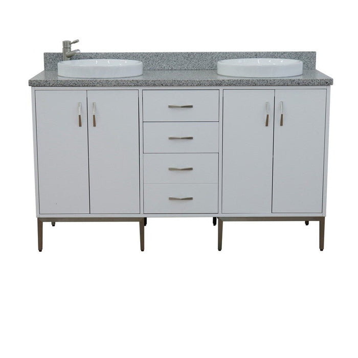 Bellaterra Home Tivoli 61" 4-Door 3-Drawer White Freestanding Double Vanity Set With Ceramic Double Vessel Sink and Gray Granite Top - Luxe Vanity & Tub