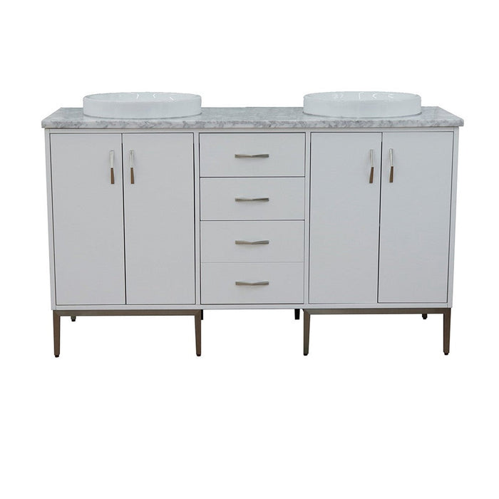 Bellaterra Home Tivoli 61" 4-Door 3-Drawer White Freestanding Double Vanity Set With Ceramic Double Vessel Sink and White Carrara Marble Top - Luxe Vanity & Tub