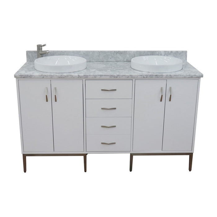 Bellaterra Home Tivoli 61" 4-Door 3-Drawer White Freestanding Double Vanity Set With Ceramic Double Vessel Sink and White Carrara Marble Top - Luxe Vanity & Tub