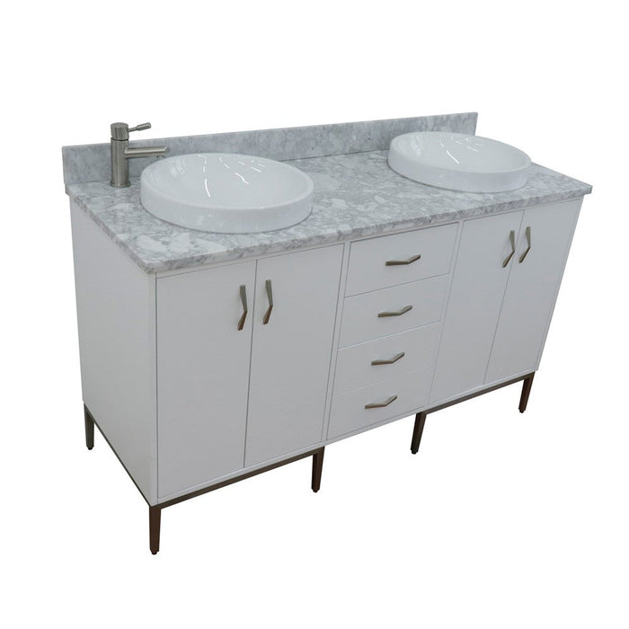 Bellaterra Home Tivoli 61" 4-Door 3-Drawer White Freestanding Double Vanity Set With Ceramic Double Vessel Sink and White Carrara Marble Top - Luxe Vanity & Tub