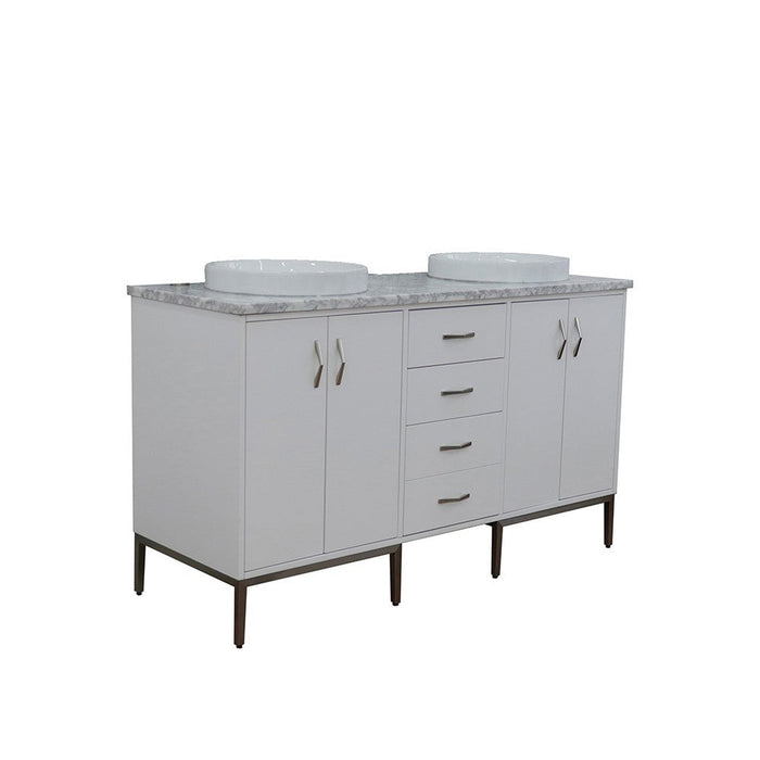 Bellaterra Home Tivoli 61" 4-Door 3-Drawer White Freestanding Double Vanity Set With Ceramic Double Vessel Sink and White Carrara Marble Top - Luxe Vanity & Tub