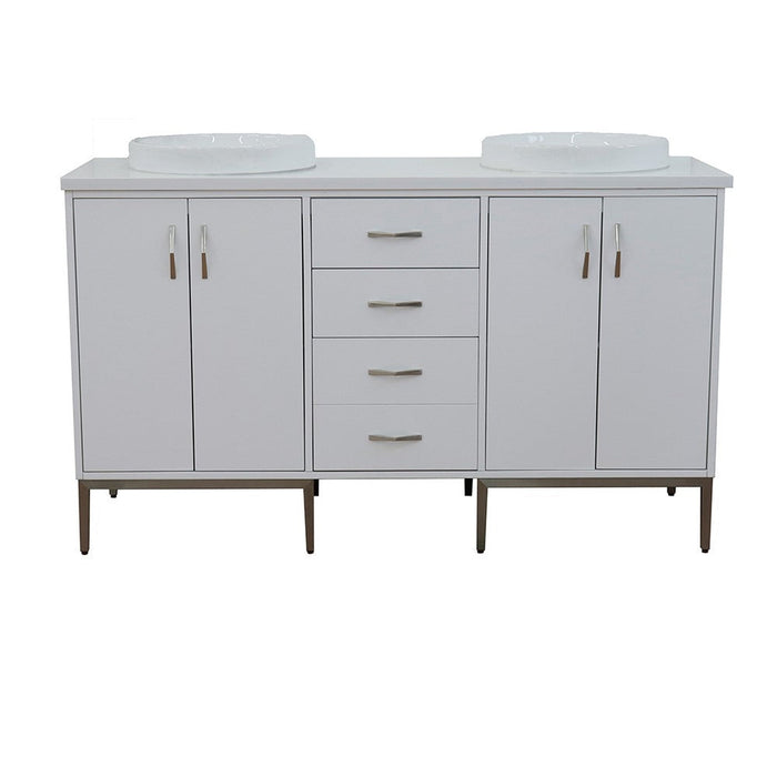 Bellaterra Home Tivoli 61" 4-Door 3-Drawer White Freestanding Double Vanity Set With Ceramic Double Vessel Sink and White Quartz Top - Luxe Vanity & Tub