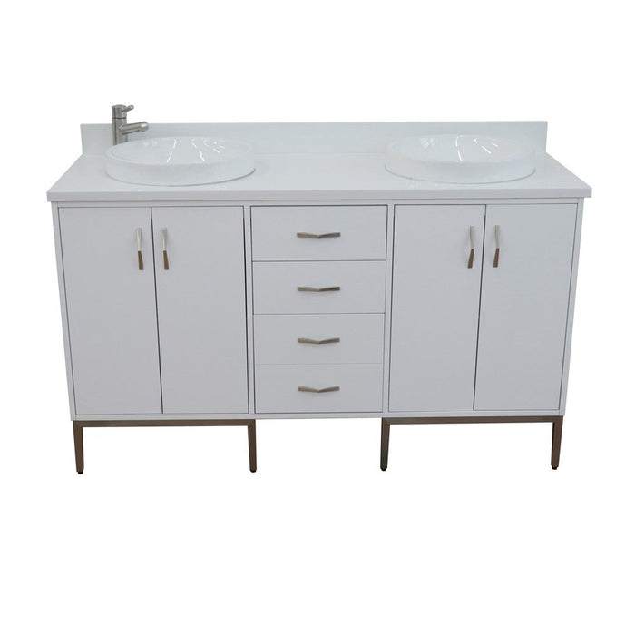 Bellaterra Home Tivoli 61" 4-Door 3-Drawer White Freestanding Double Vanity Set With Ceramic Double Vessel Sink and White Quartz Top - Luxe Vanity & Tub