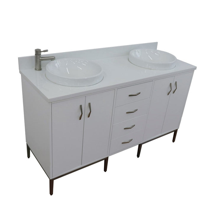 Bellaterra Home Tivoli 61" 4-Door 3-Drawer White Freestanding Double Vanity Set With Ceramic Double Vessel Sink and White Quartz Top - Luxe Vanity & Tub