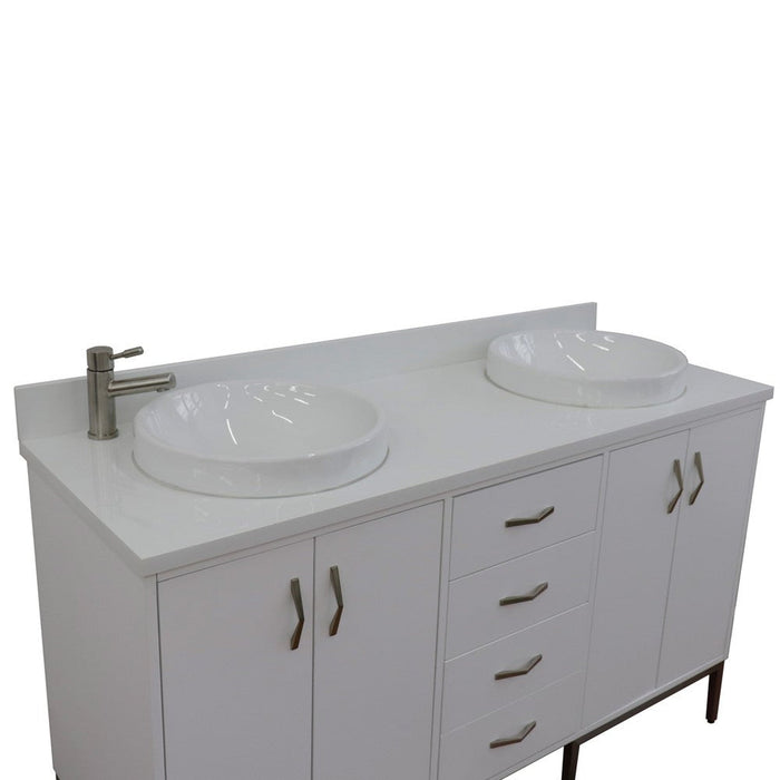 Bellaterra Home Tivoli 61" 4-Door 3-Drawer White Freestanding Double Vanity Set With Ceramic Double Vessel Sink and White Quartz Top - Luxe Vanity & Tub