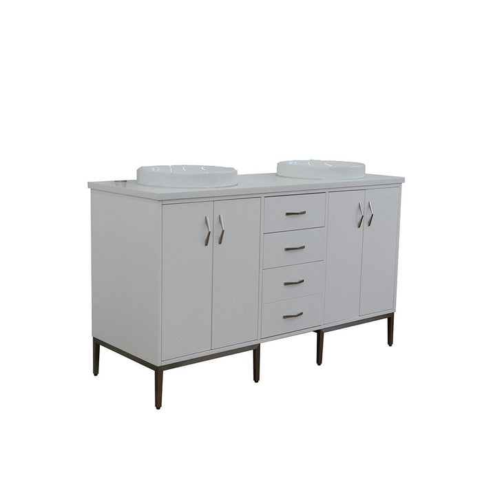 Bellaterra Home Tivoli 61" 4-Door 3-Drawer White Freestanding Double Vanity Set With Ceramic Double Vessel Sink and White Quartz Top - Luxe Vanity & Tub