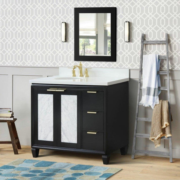 Bellaterra Home Trento 43" 2-Door 3-Drawer Black Freestanding Vanity Set With Ceramic Left Undermount Oval Sink and White Quartz Top, and Left Door Cabinet