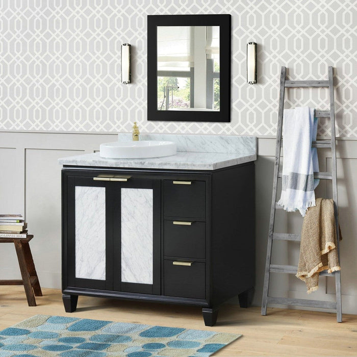 Bellaterra Home Trento 43" 2-Door 3-Drawer Black Freestanding Vanity Set With Ceramic Left Vessel Sink and White Carrara Marble Top, and Left Door Cabinet