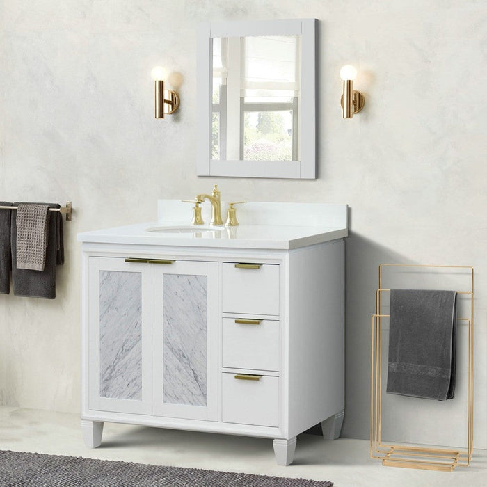 Bellaterra Home Trento 43" 2-Door 3-Drawer White Freestanding Vanity Set With Ceramic Left Undermount Oval Sink and White Quartz Top, and Left Door Cabinet