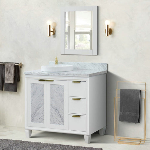 Bellaterra Home Trento 43" 2-Door 3-Drawer White Freestanding Vanity Set With Ceramic Left Vessel Sink and White Carrara Marble Top, and Left Door Cabinet