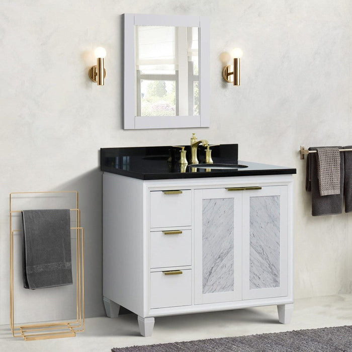 Bellaterra Home Trento 43" 2-Door 3-Drawer White Freestanding Vanity Set With Ceramic Right Undermount Oval Sink and Black Galaxy Granite Top, and Right Door Cabinet