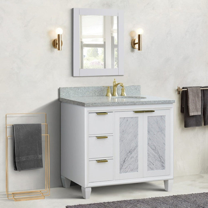 Bellaterra Home Trento 43" 2-Door 3-Drawer White Freestanding Vanity Set With Ceramic Right Undermount Oval Sink and Gray Granite Top, and Right Door Cabinet