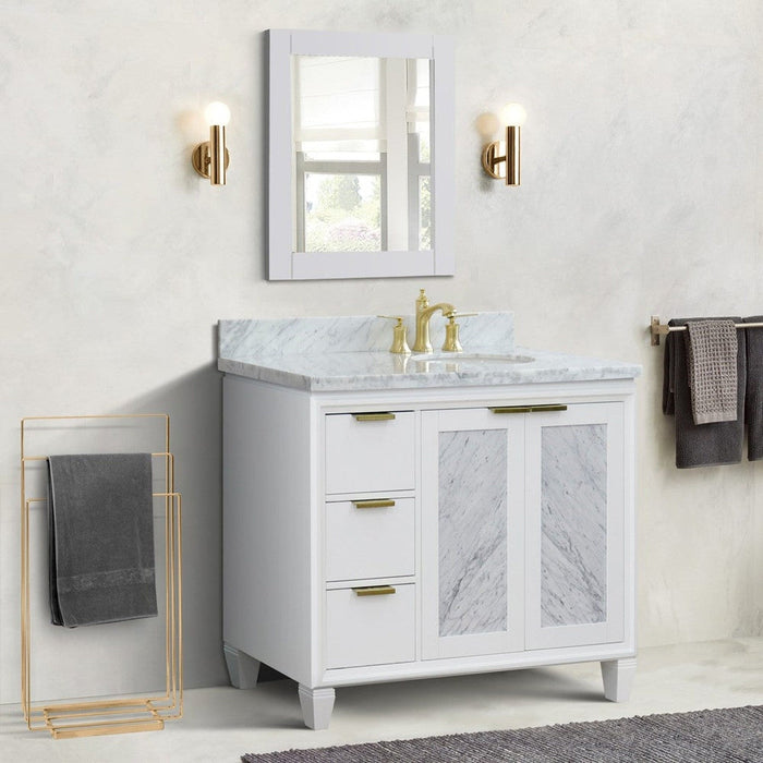 Bellaterra Home Trento 43" 2-Door 3-Drawer White Freestanding Vanity Set With Ceramic Right Undermount Oval Sink and White Carrara Marble Top, and Right Door Cabinet