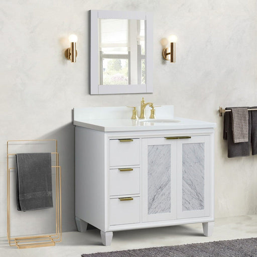 Bellaterra Home Trento 43" 2-Door 3-Drawer White Freestanding Vanity Set With Ceramic Right Undermount Oval Sink and White Quartz Top, and Right Door Cabinet