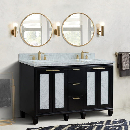 Bellaterra Home Trento 61" 4-Door 3-Drawer Black Freestanding Vanity Set With Ceramic Double Undermount Rectangular Sink and White Carrara Marble Top