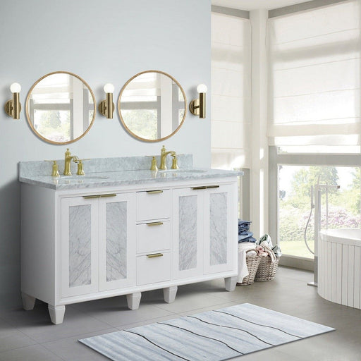 Bellaterra Home Trento 61" 4-Door 3-Drawer White Freestanding Vanity Set With Ceramic Double Undermount Oval Sink and White Carrara Marble Top