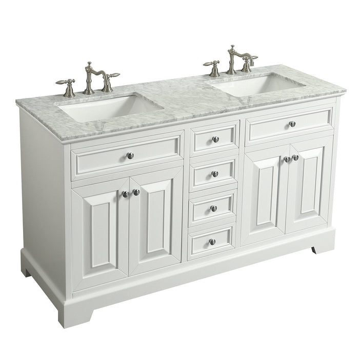 Eviva  Monroe 60" Double Bathroom Vanity with White Carrara Marble Top and White Undermount Porcelain Sinks
