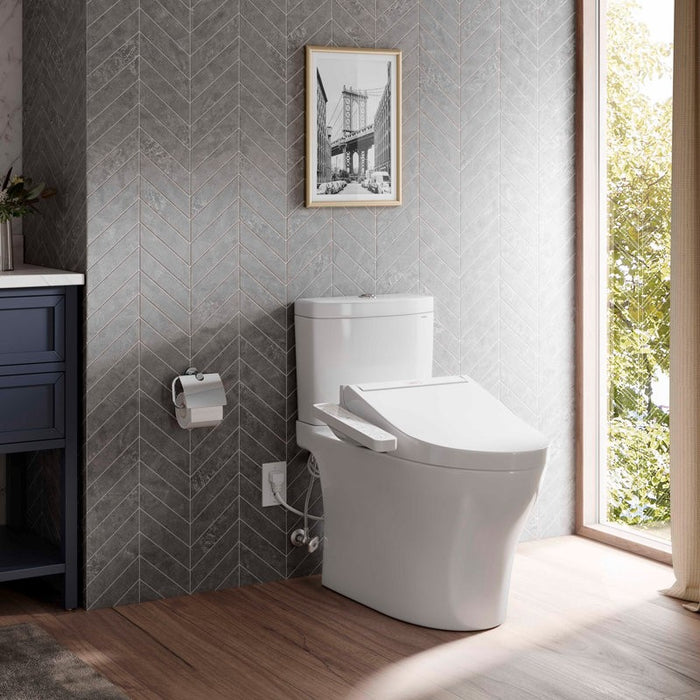 TOTO Aquia IV 0.9 / 1.28 GPF Dual Flush Two Piece Elongated Chair Height Toilet with Push Button Flush - Bidet Seat Included - Luxe Vanity & Tub