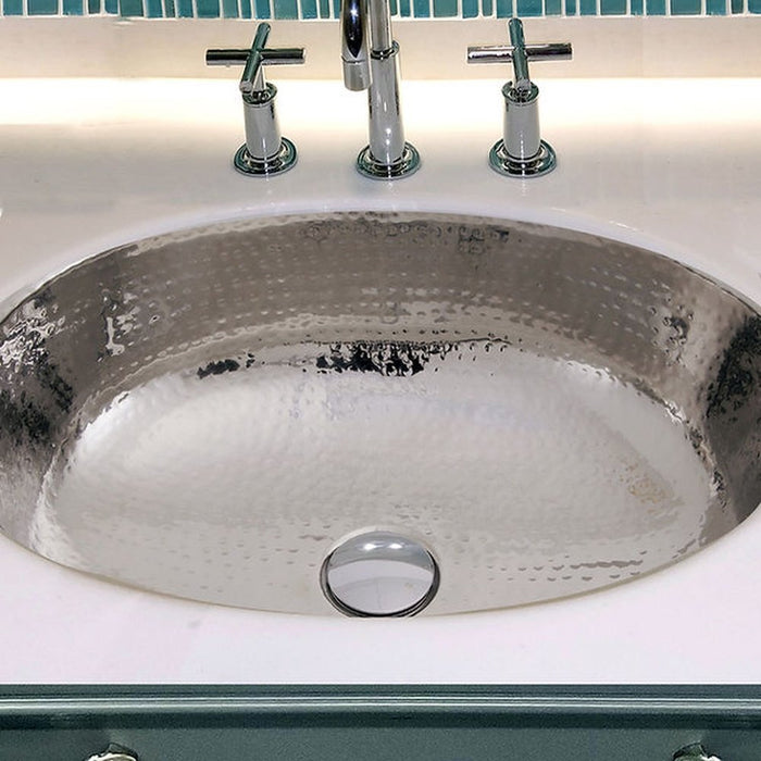 Brightwork Home Nantucket Sinks OVS-OF  17.5 Inch x 13.75 Inch Hand Hammered Stainless Steel Oval Undermount Bathroom Sink With Overflow