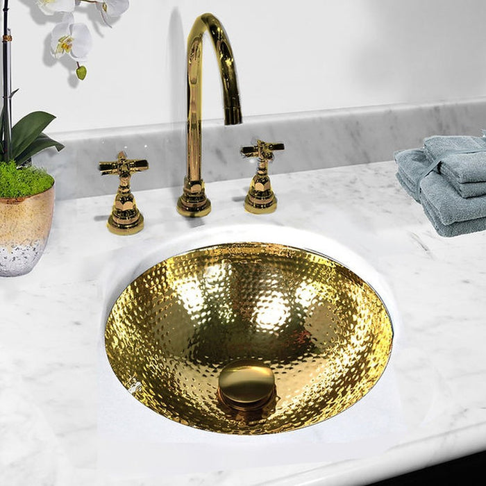 Brightwork Home Nantucket Sinks ROB-OF - 13" Hand Hammered Brass Round Undermount Bathroom Sink, Brass With Overflow