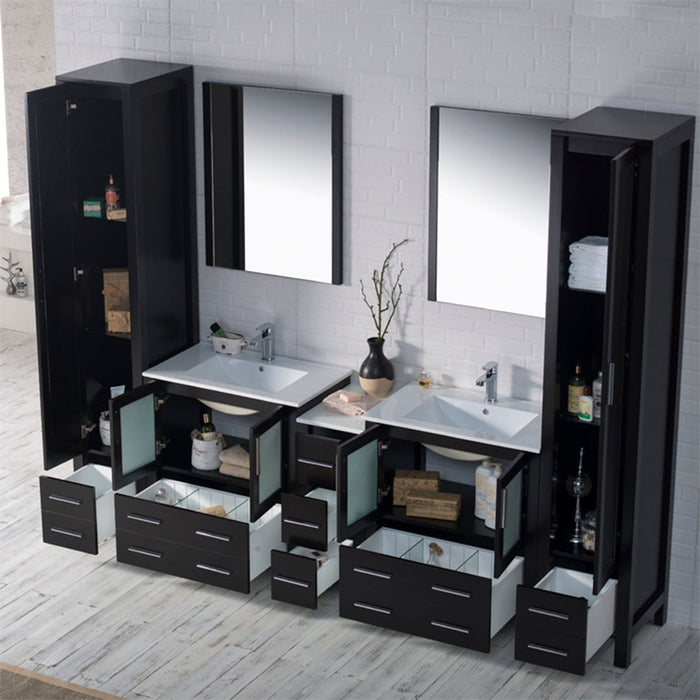 Sydney 102" Double Vanity, Ceramic Vessel Sink, Mirror, Linen Cabinets