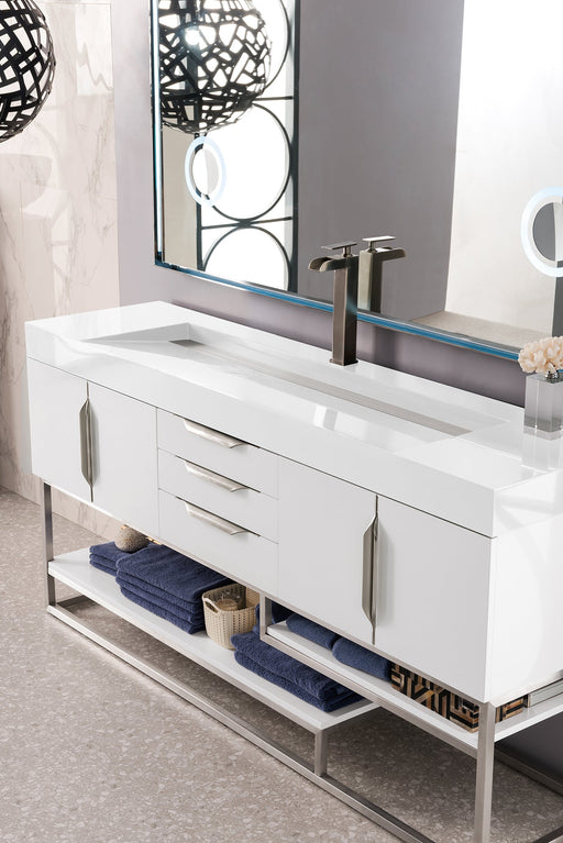 Columbia 72" Single Vanity, Glossy White, Brushed Nickel w/ Glossy White Composite Stone Top - Luxe Vanity & Tub