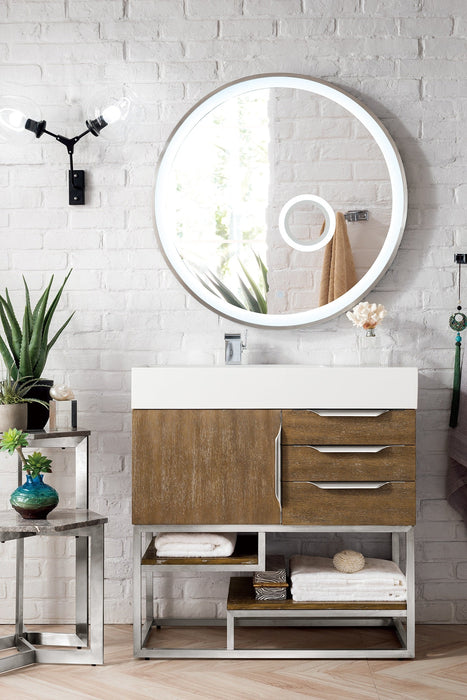 Columbia 36" Single Vanity, Latte Oak, Brushed Nickel w/ Glossy White Composite Stone Top - Luxe Vanity & Tub