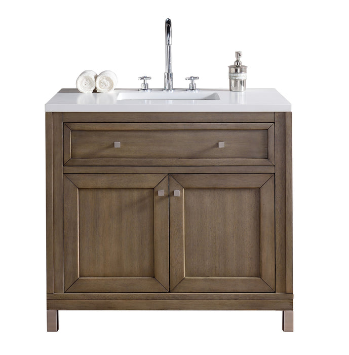 Chicago 36" Single Vanity, Whitewashed Walnut w/ 3 CM White Zeus Quartz Top - Luxe Vanity & Tub